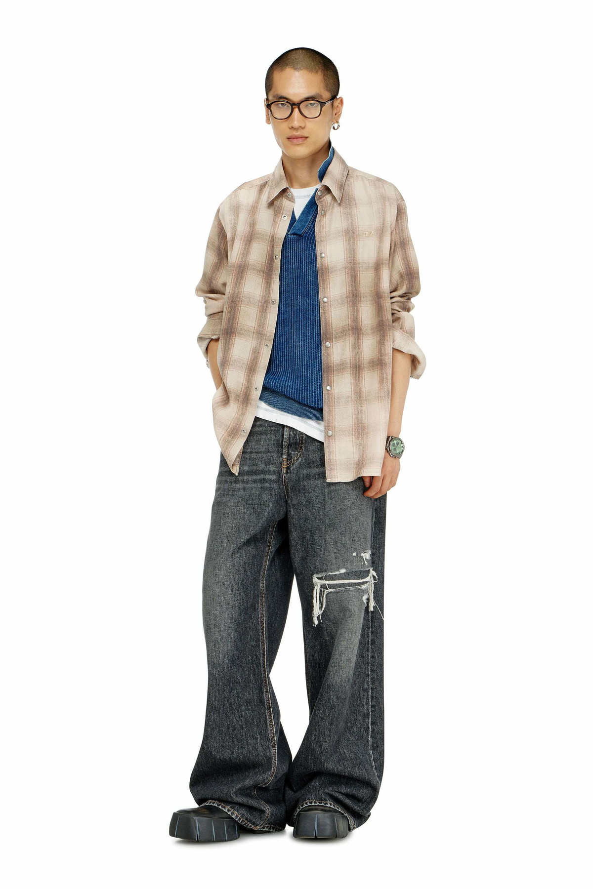 Diesel Check shirt in fluid fabric - Shirts Mens in Brown