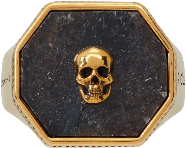 Photo: Alexander McQueen Gold & Black Nuummite Skull Signet Ring