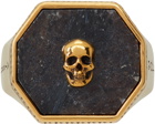 Alexander McQueen Gold & Black Nuummite Skull Signet Ring