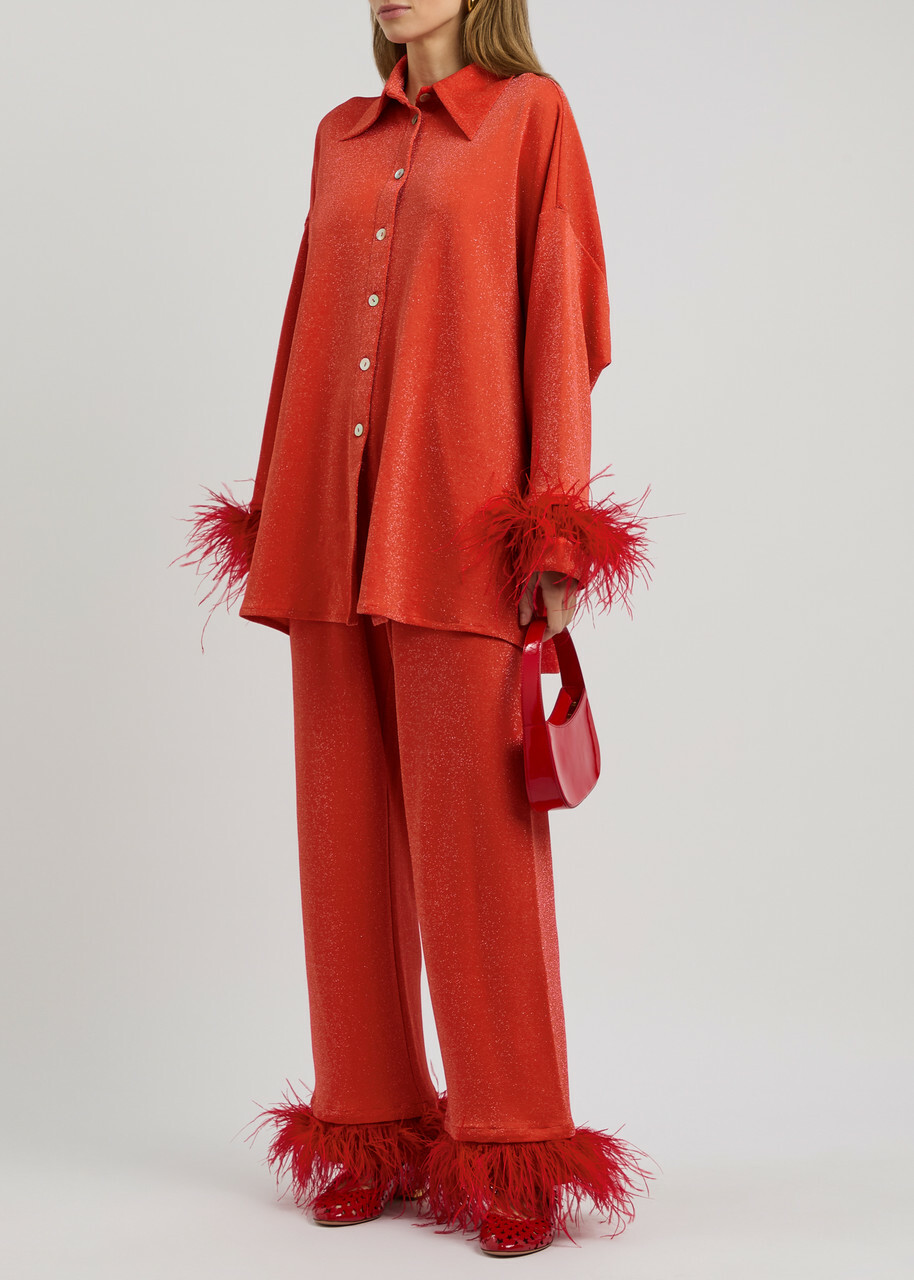 Sleeper Cosmos Feather-trimmed Metallic Jersey Pyjama set Red