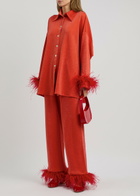 Sleeper Cosmos Feather-trimmed Metallic Jersey Pyjama set Red