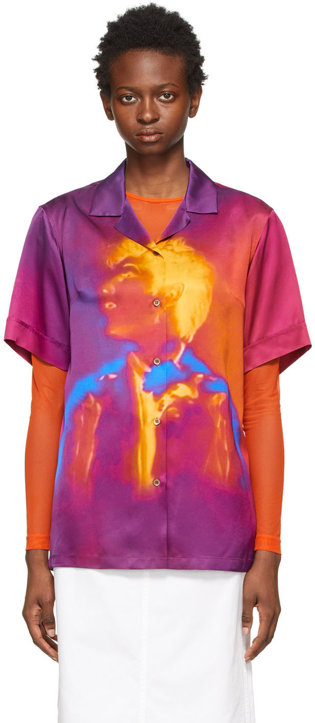 Dries Van Noten Purple Len Lye Edition Satin Printed Short Sleeve