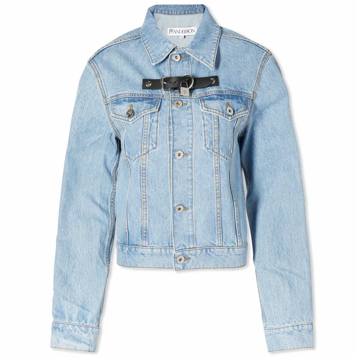 Photo: JW Anderson Women's Padlock Strap Denim Trucker Jacket in Light Blue