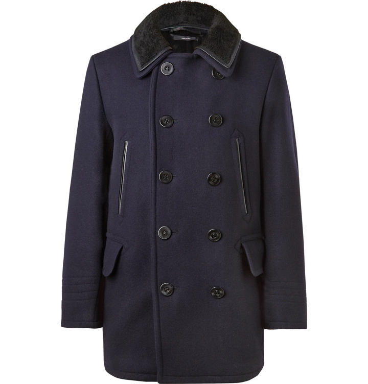 Photo: TOM FORD - Shearling-Trimmed Wool-Blend Peacoat - Blue