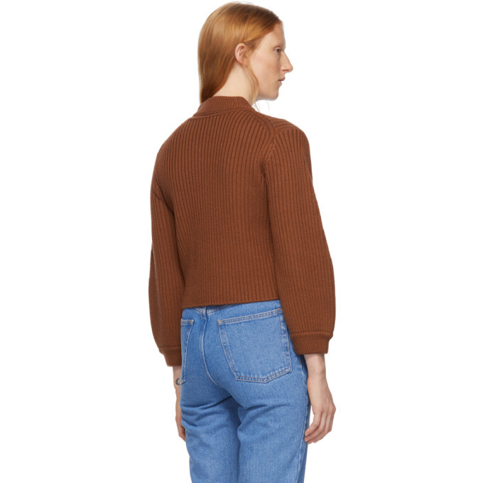Tibi Brown Merino Rib Slit Neck Pullover Sweater