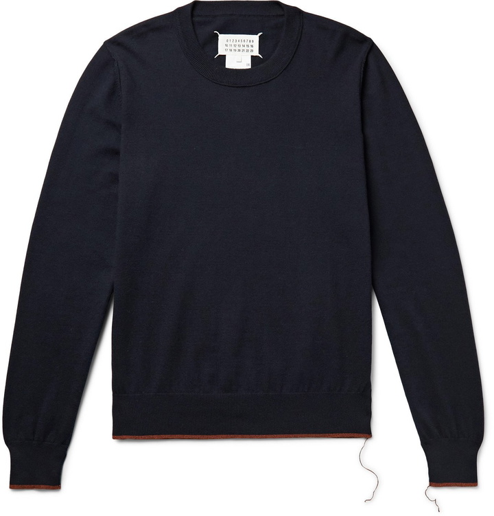 Photo: MAISON MARGIELA - Suede and Contrast-Trimmed Cotton and Wool-Blend Sweater - Blue