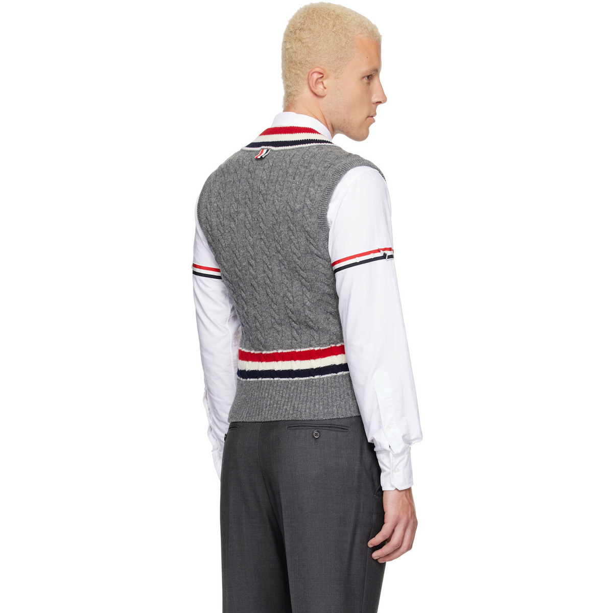 Thom Browne Gray Baby Cable V-Neck Cricket RWB Vest