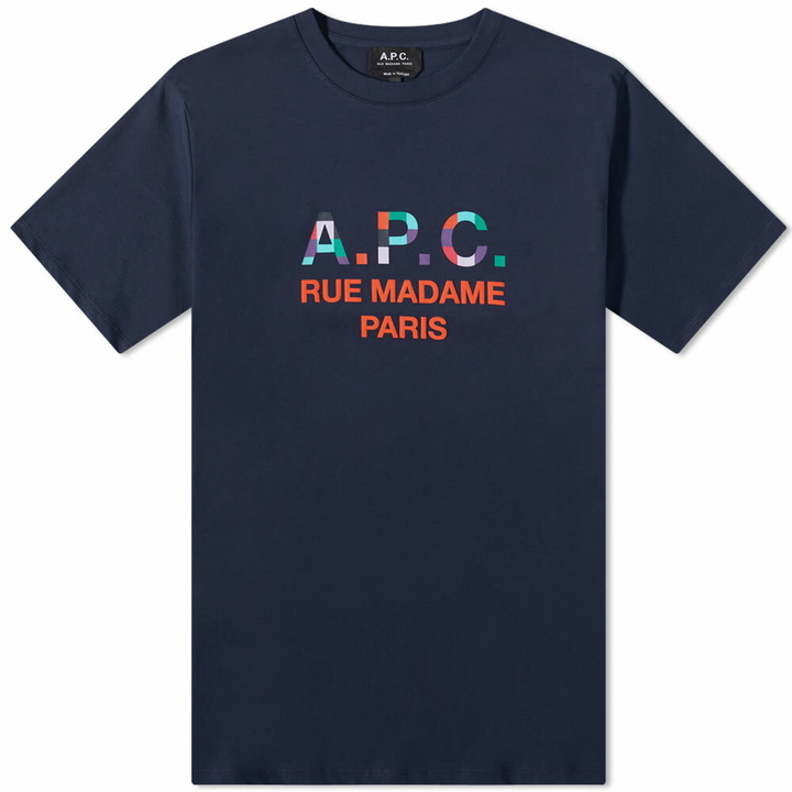 Photo: A.P.C. Men's Tao Colour Block Logo T-Shirt in Dark Navy