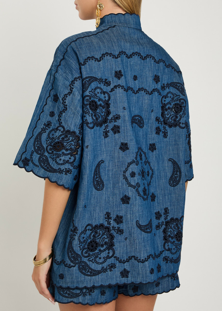 Zimmermann Aster Embroidered Denim Shirt Blue