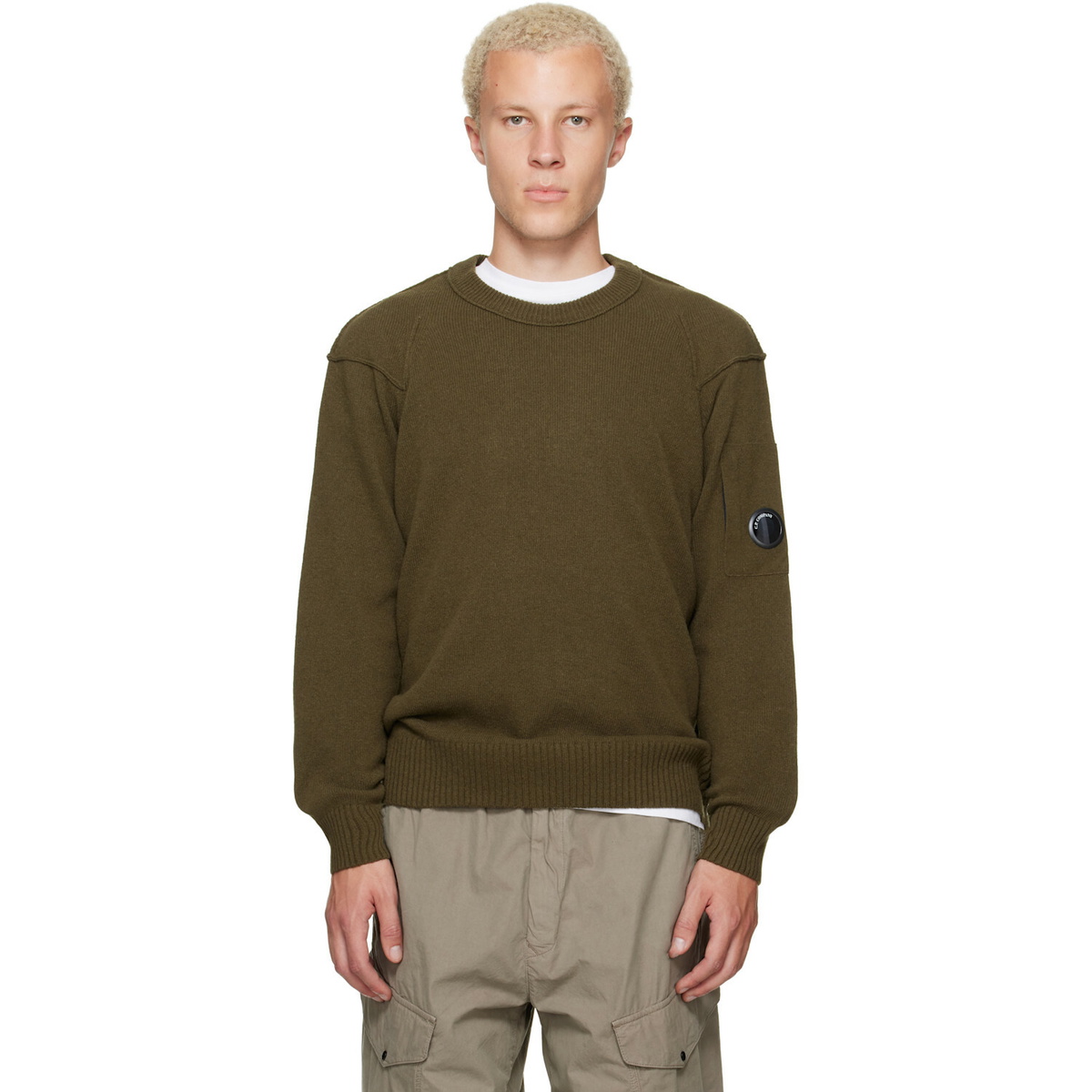 C.P. Company Khaki Lambswool Lens Crewneck Contrast Sweater
