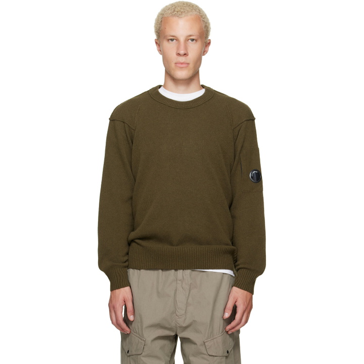 Photo: C.P. Company Khaki Lambswool Lens Crewneck Contrast Sweater