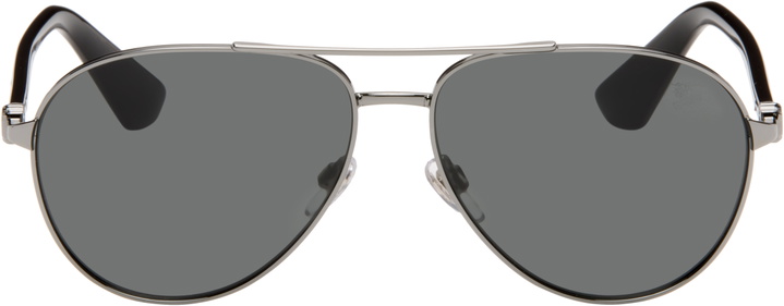 Photo: Burberry Gunmetal Metal Shield Aviator Sunglasses​