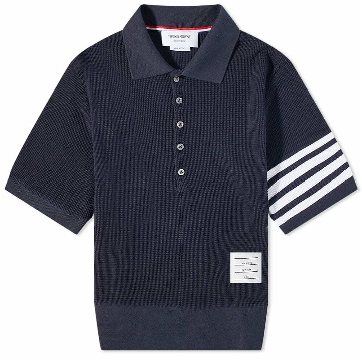 Photo: Thom Browne Men's 4 Bar Striped Waffle Polo Shirt in Navy