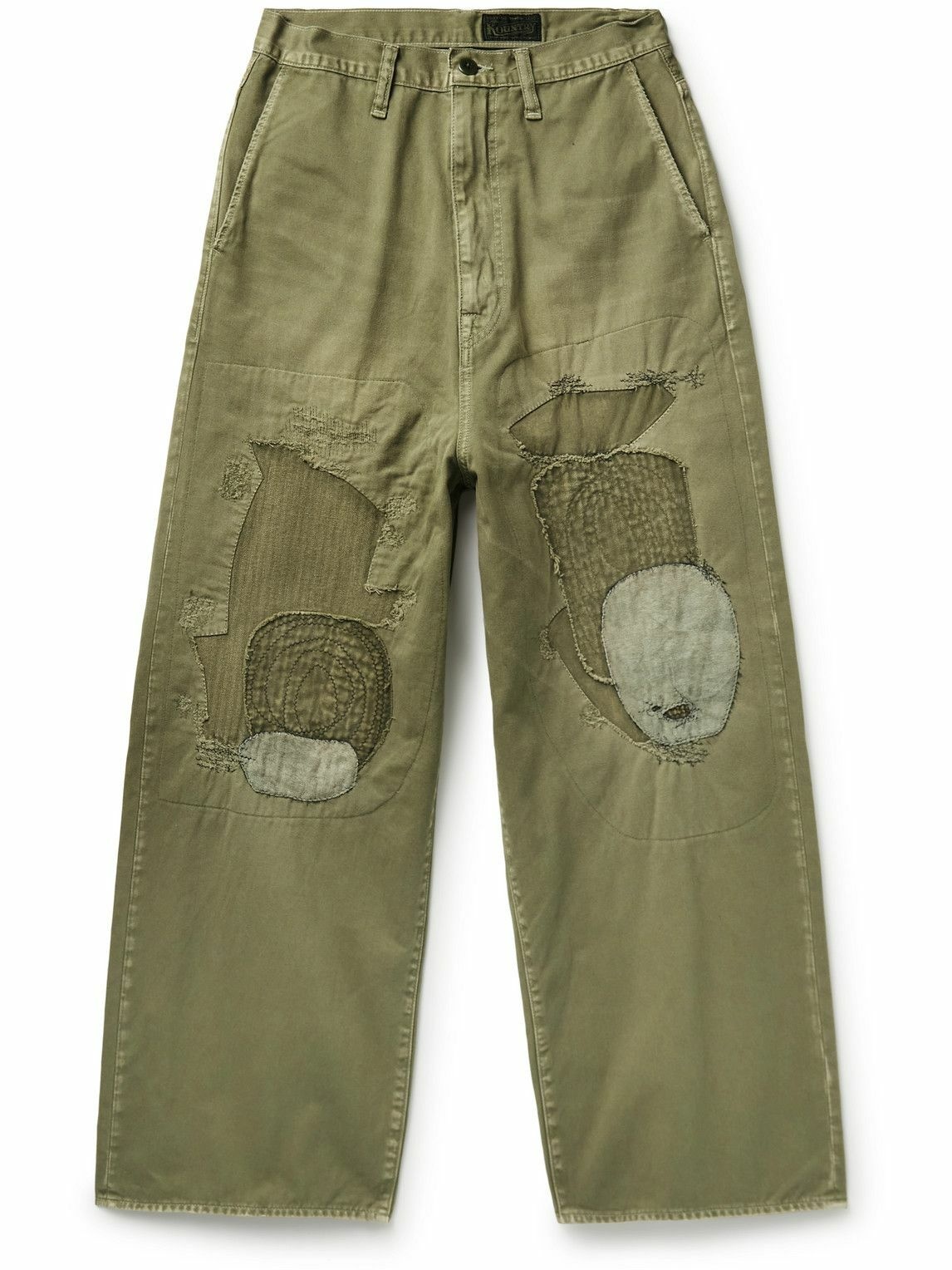 Photo: KAPITAL - Katsuragi Port Wide-Leg Patchwork Distressed Cotton-Twill Trousers - Green