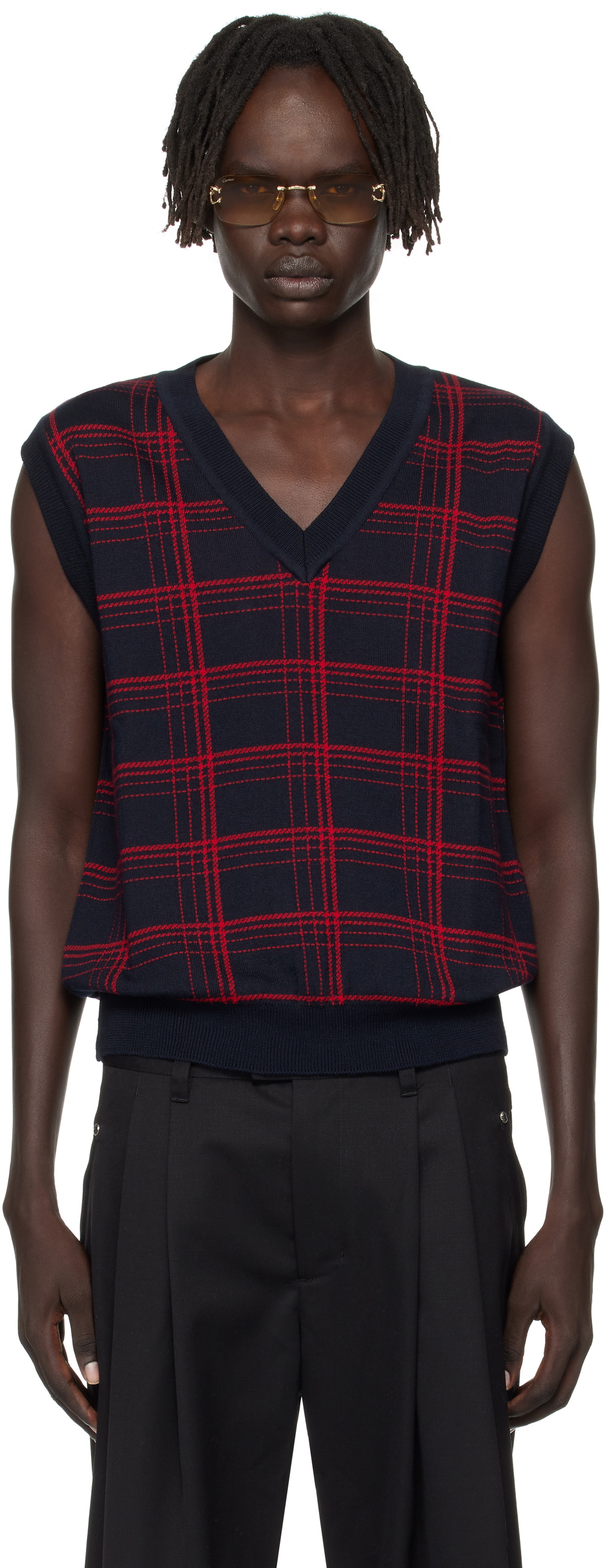 Ernest W. Baker Navy & Red Check Jacquard Vest
