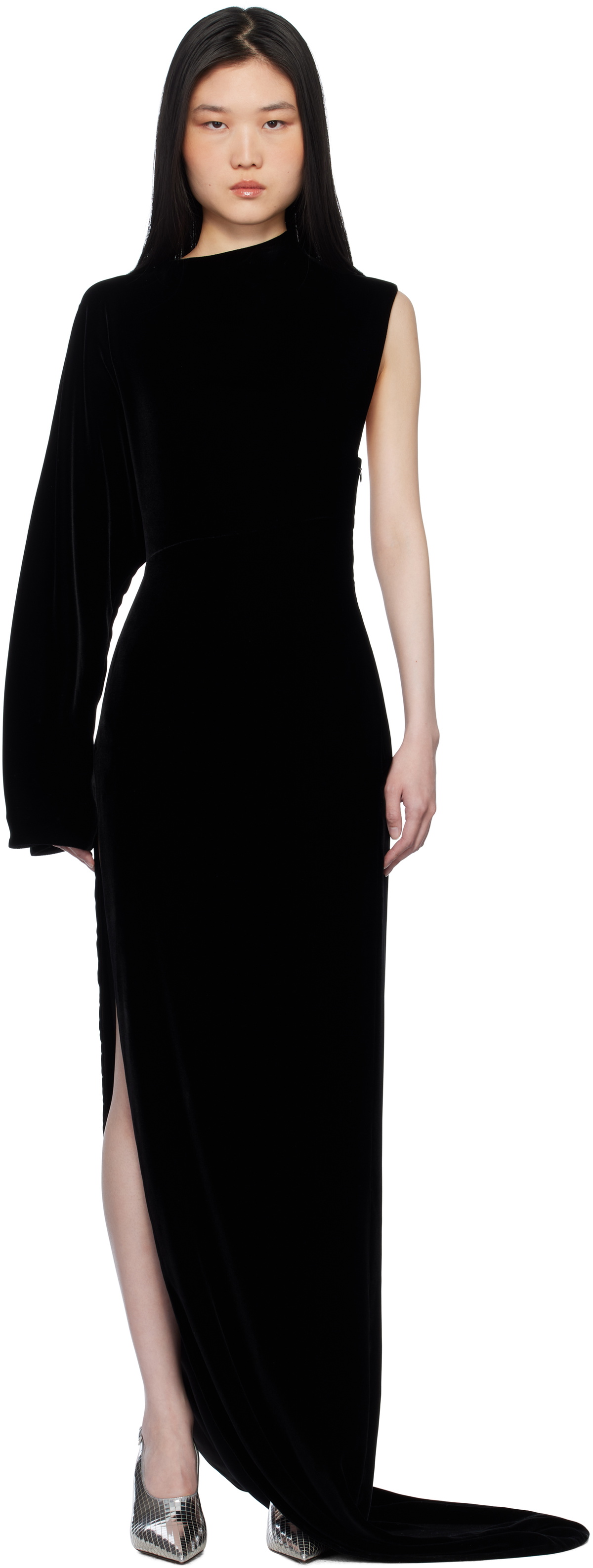 black velvet maxi dress Black Velvet Wrap V Neckline Dress With Organza Sleeves main image 0