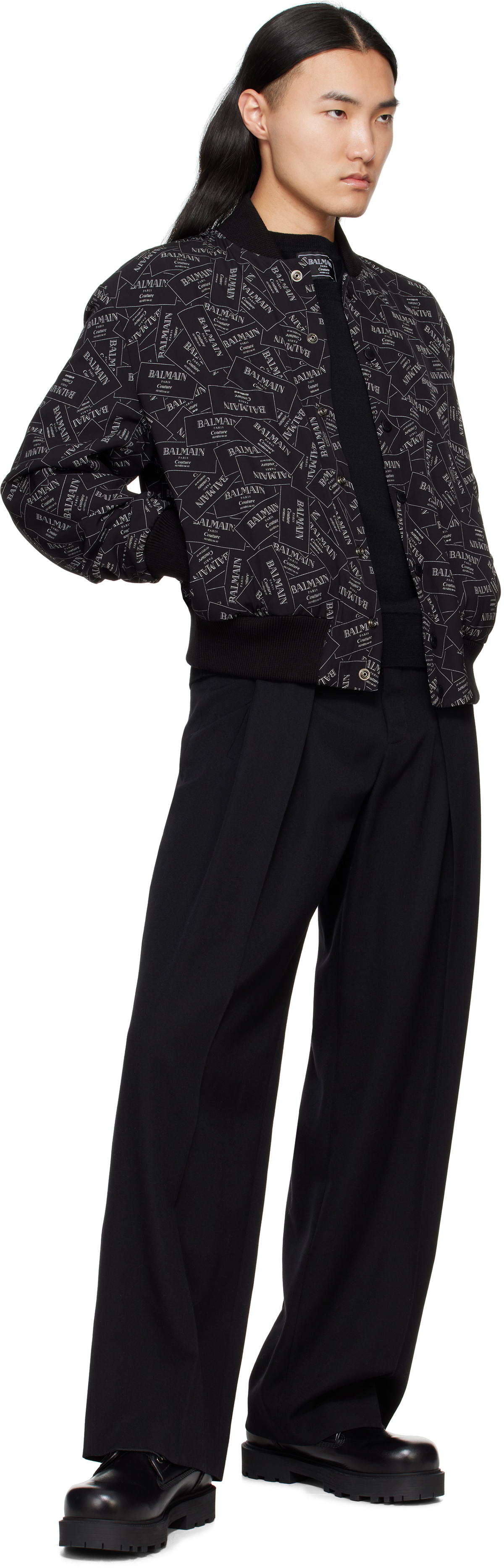 Balmain Black Printed 'Balmain' Label Bomber Jacket