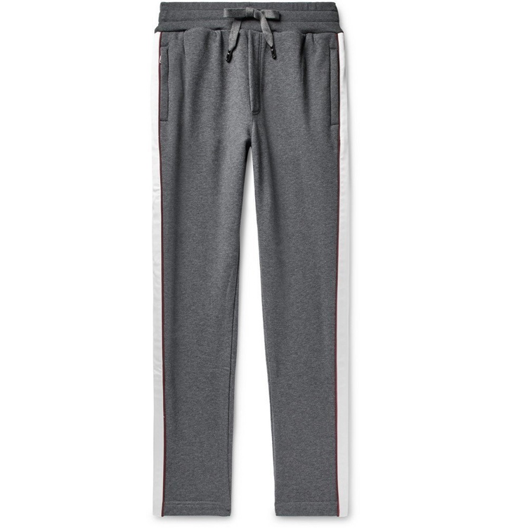 Photo: Dolce & Gabbana - Slim-Fit Satin-Trimmed Logo-Appliquéd Loopback Cotton-Jersey Sweatpants - Dark gray