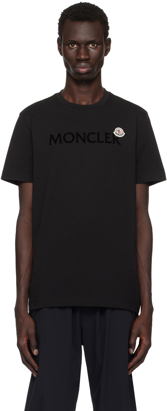 Moncler: Black Flocked Logo T-Shirt | SSENSE