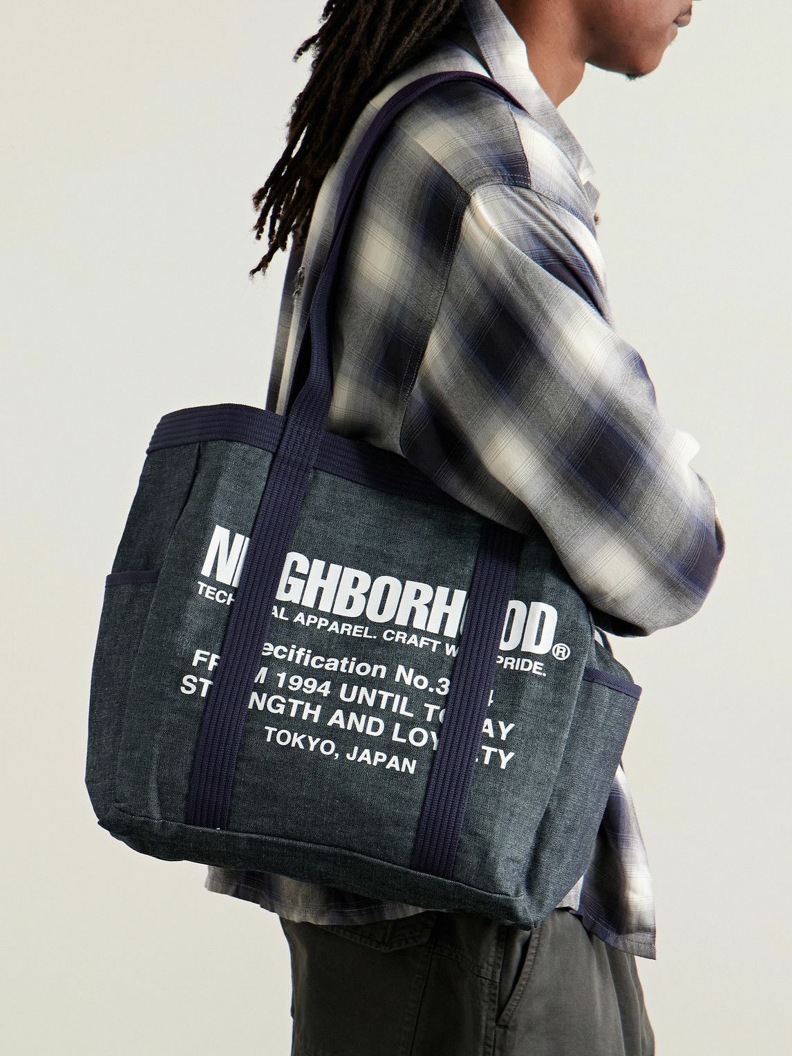 Neighborhood - Canvas-Trimmed Logo-Print Denim Tote Bag