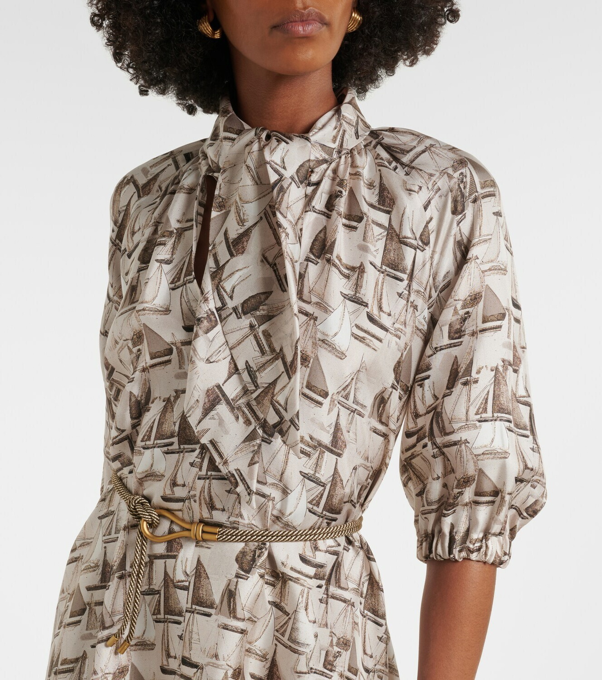 Max Mara Printed tie-neck silk twill midi dress