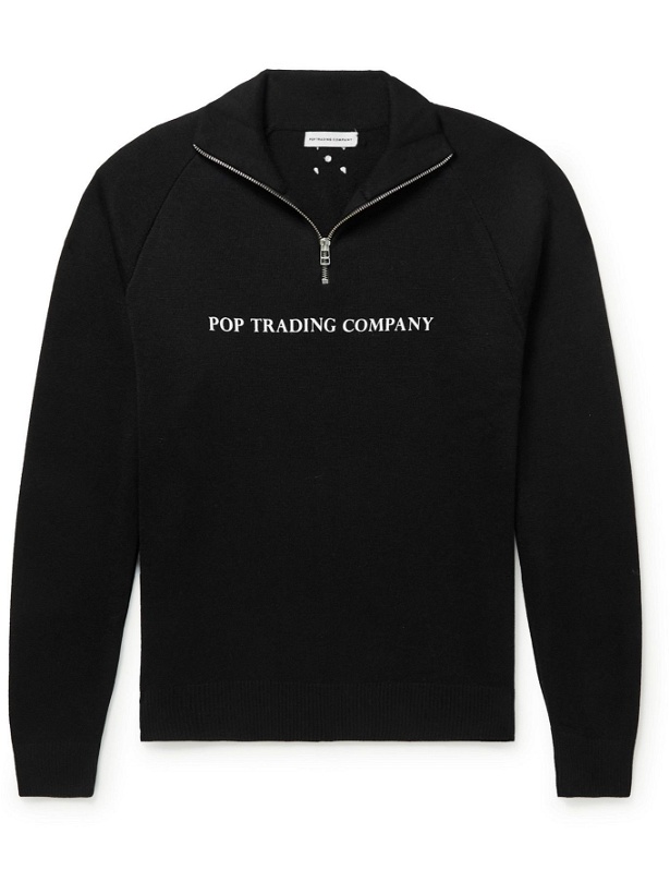 Photo: Pop Trading Company - Logo-Print Merino Wool-Blend Half-Zip Sweater - Black