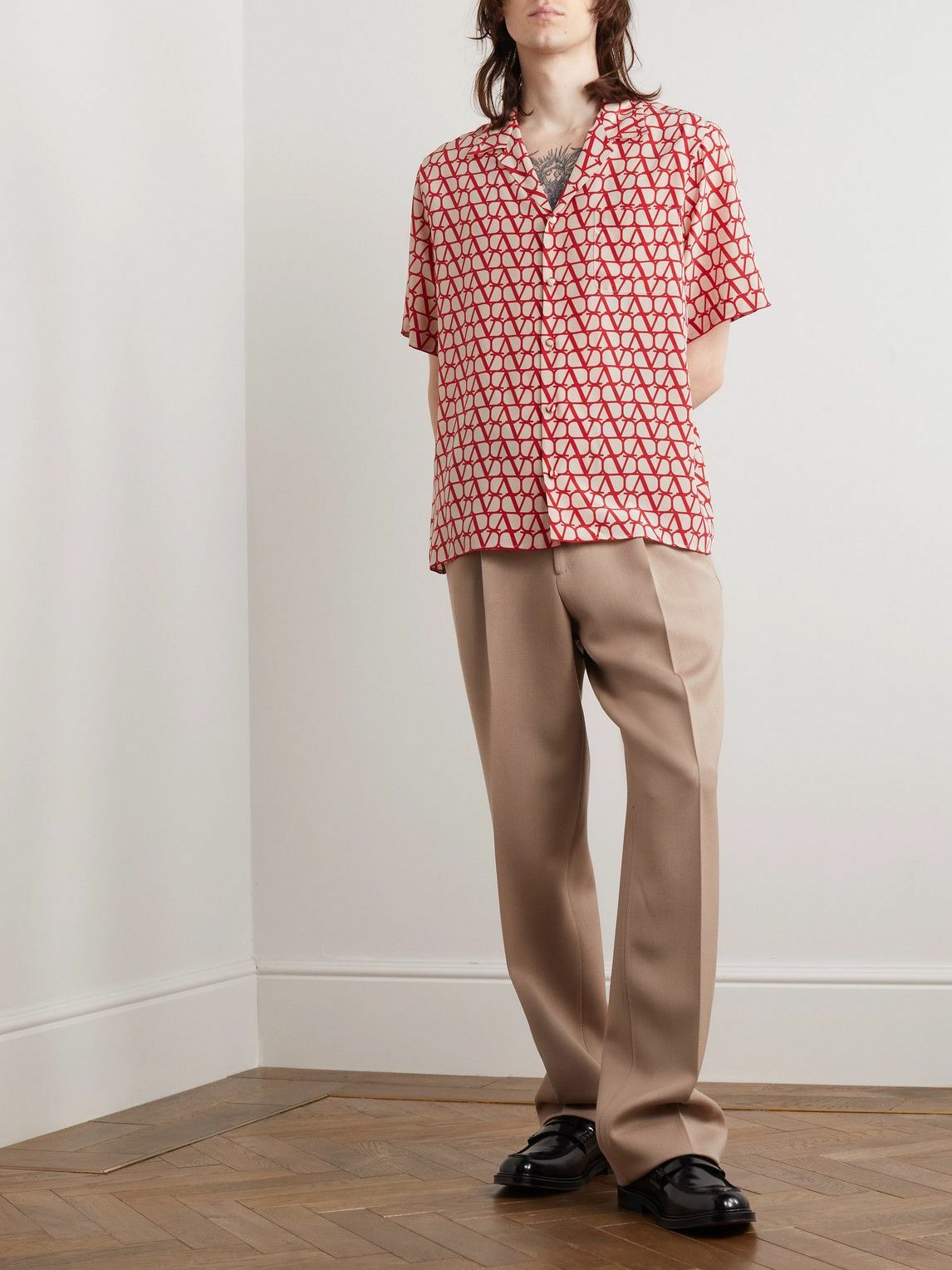 Valentino - Camp-Collar Logo-Print Silk Crepe de Chine Shirt - Red