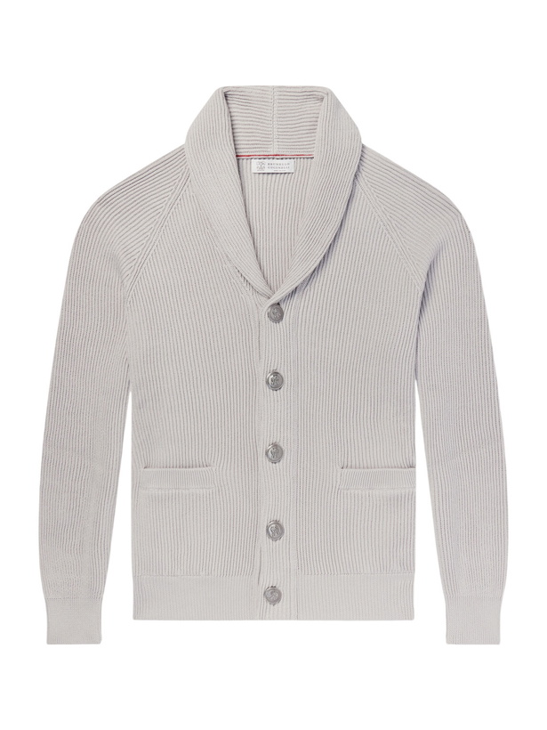 Photo: Brunello Cucinelli - Shawl-Collar Ribbed Cotton Cardigan - Neutrals