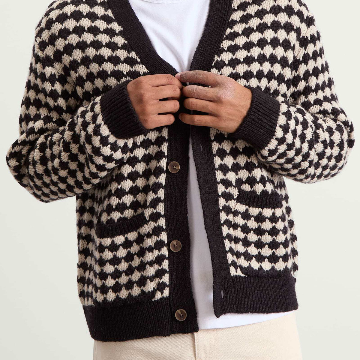 Wax London Men's Walker Bubble Knit Cardigan in Black/Ecru