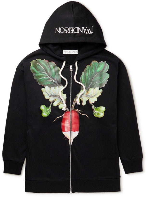 Photo: JW Anderson - Logo-Embroidered Printed Cotton-Jersey Zip-Up Hoodie - Black