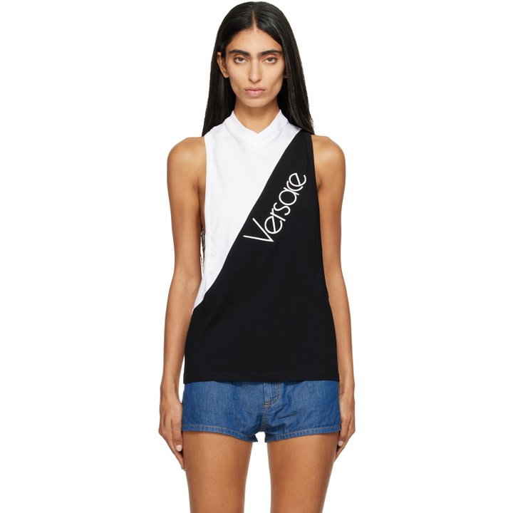 Photo: Versace White & Black Embroidered-Logo Cotton-Jersey Tank Top