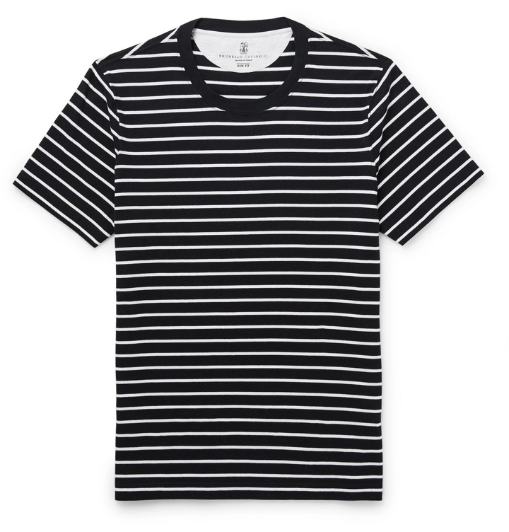 Photo: Brunello Cucinelli - Striped Cotton-Jersey T-Shirt - Blue