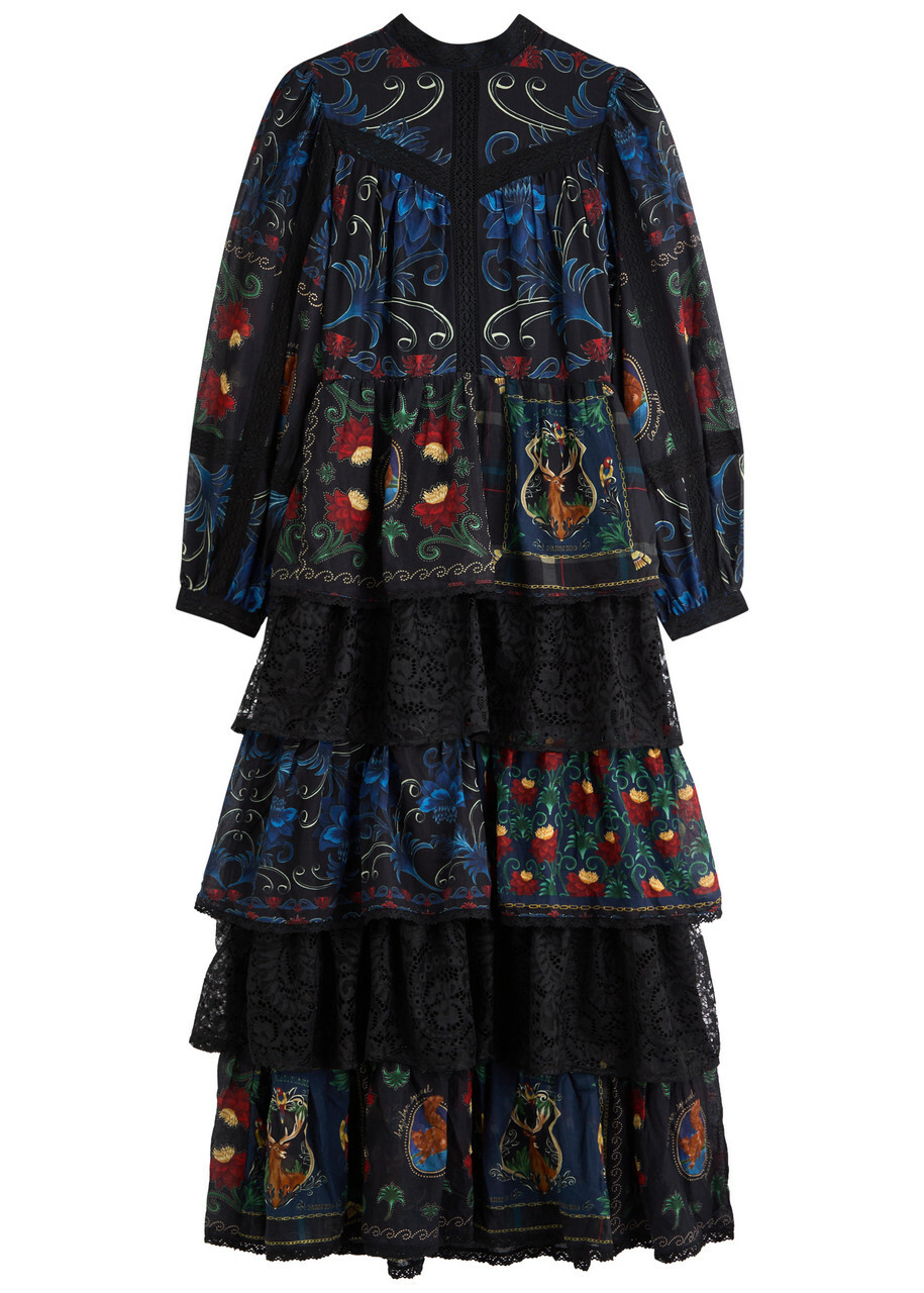 Farm Rio Printed Lace-trim Cotton Maxi Dress Black