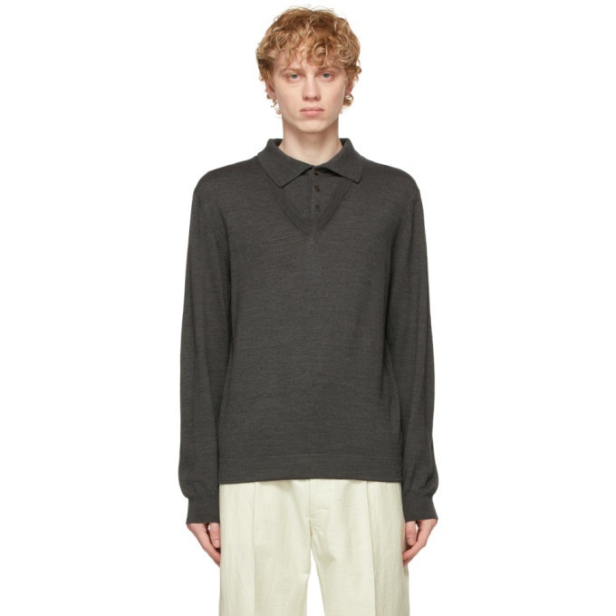 Photo: Lemaire Grey Wool V-Neck Long Sleeve Polo