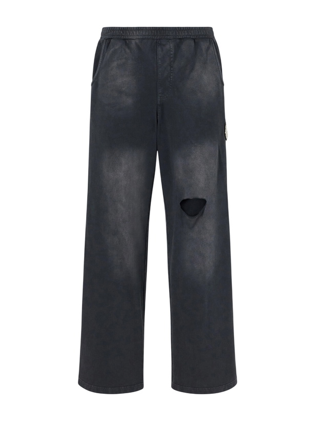 Photo: 424 - Wide-Leg Striped Distressed Cotton-Jersey Sweatpants - Black