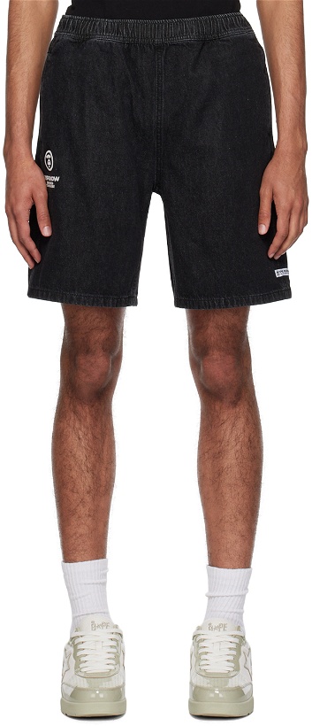 Photo: AAPE by A Bathing Ape Black Moonface Embroidered Denim Shorts
