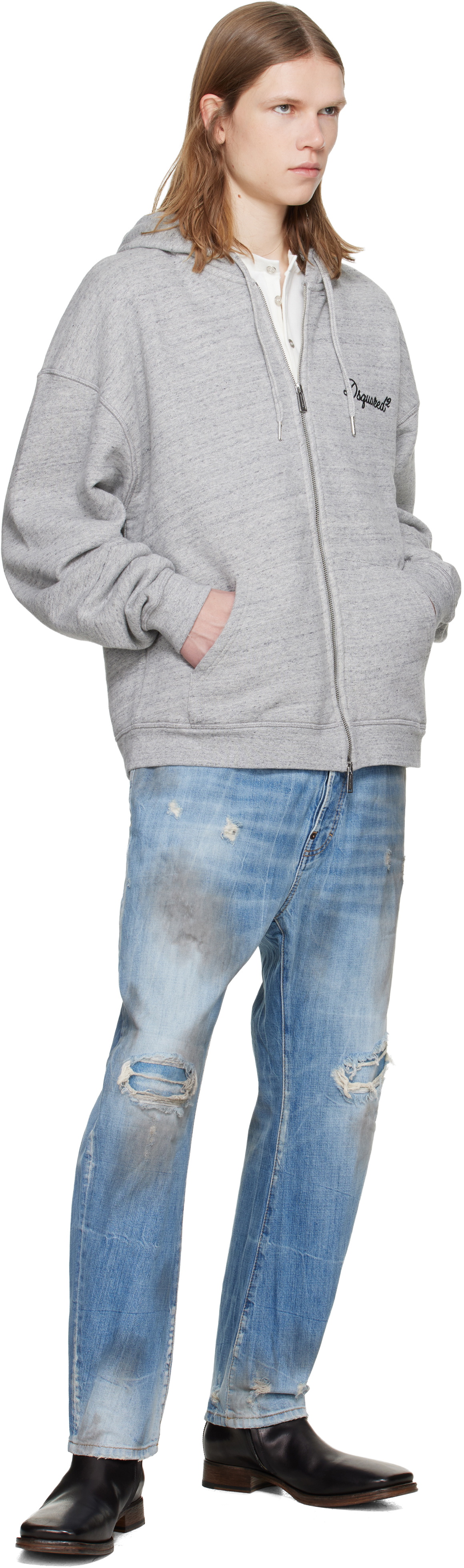 Dsquared2 Gray Dsquared2 Signature Relax Fit Zipped Hoodie Dsquared2