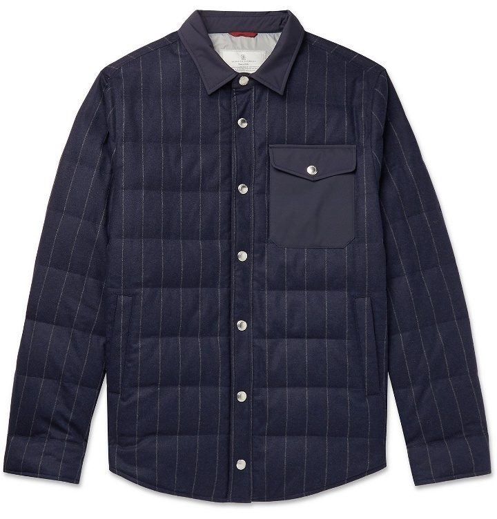 Photo: Brunello Cucinelli - Shell-Trimmed Pinstriped Quilted Wool Down Jacket - Blue
