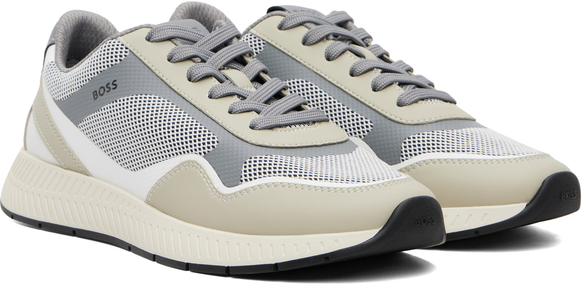BOSS Beige & Gray Ribbed Sole Mesh Sneakers