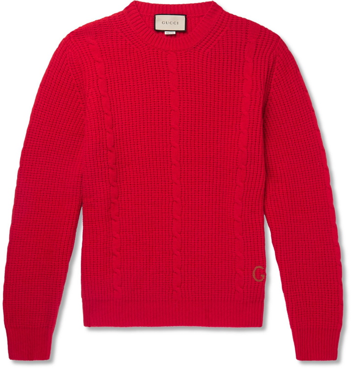 Photo: Gucci - Logo-Embroidered Cable-Knit Wool-Blend Sweater - Red