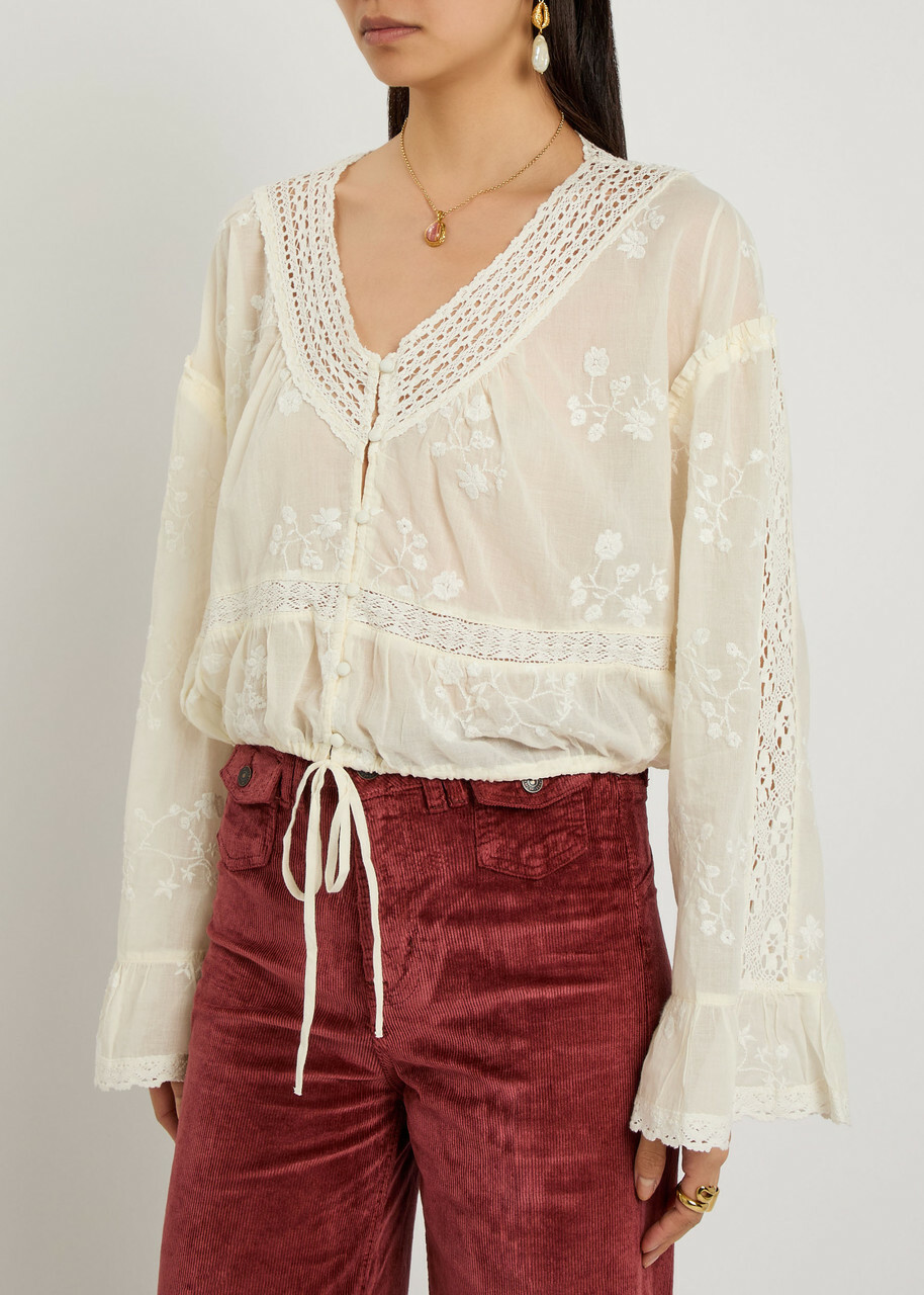 Free People Sweet Love Floral-embroidered Cotton Blouse Cream