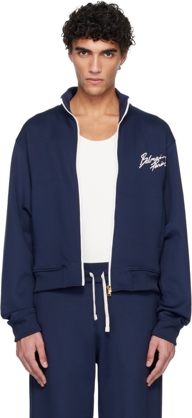 Photo: Balmain Navy Printed Signature Track Jacket