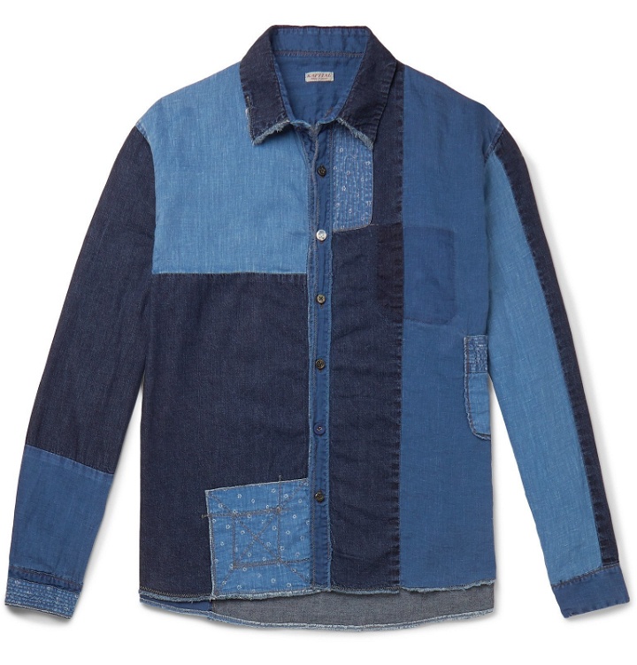 Photo: KAPITAL - Distressed Patchwork Linen and Cotton-Blend Chambray Shirt - Blue