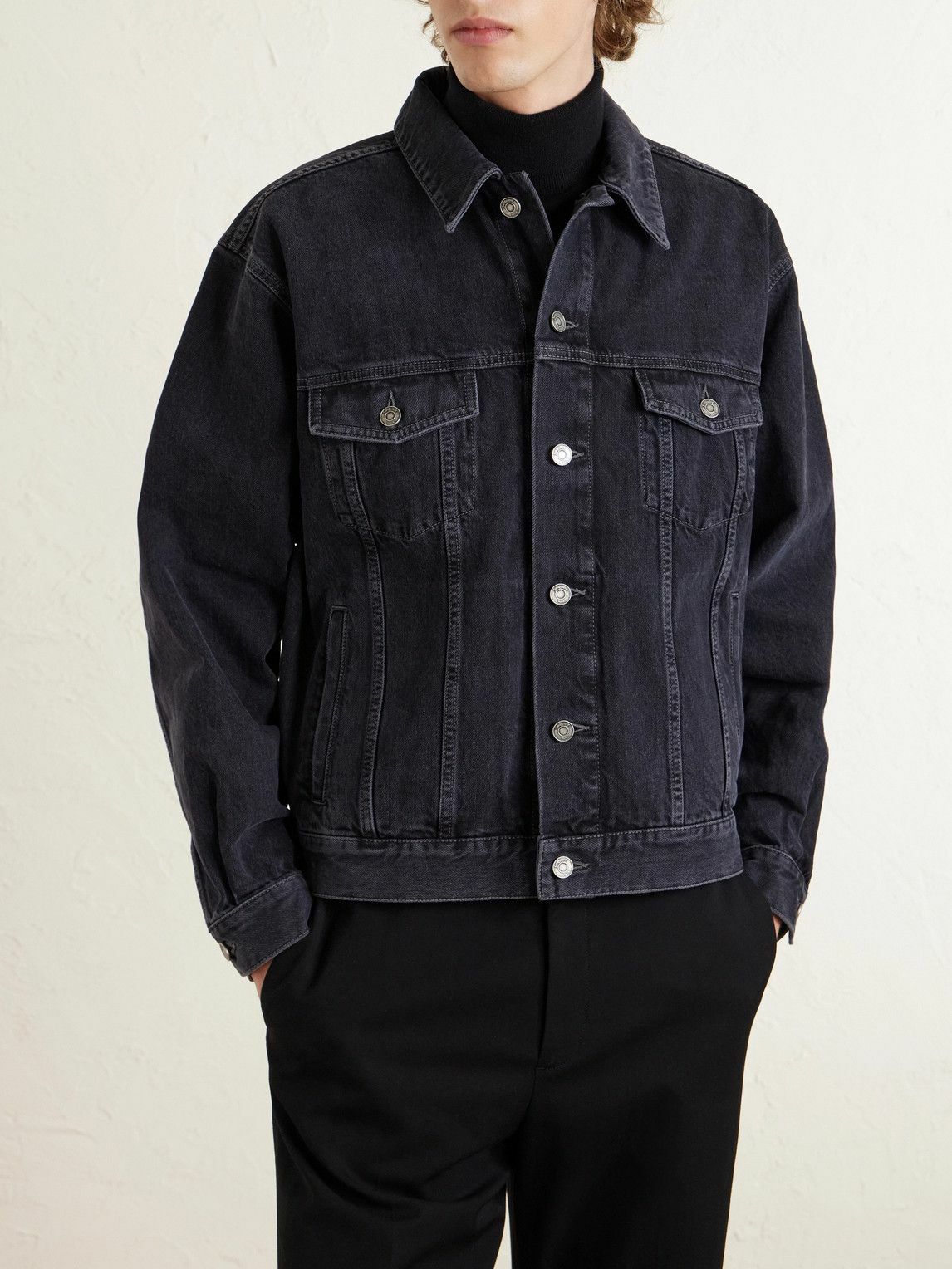 SAINT LAURENT - Leather-Trimmed Denim Trucker Jacket - Black