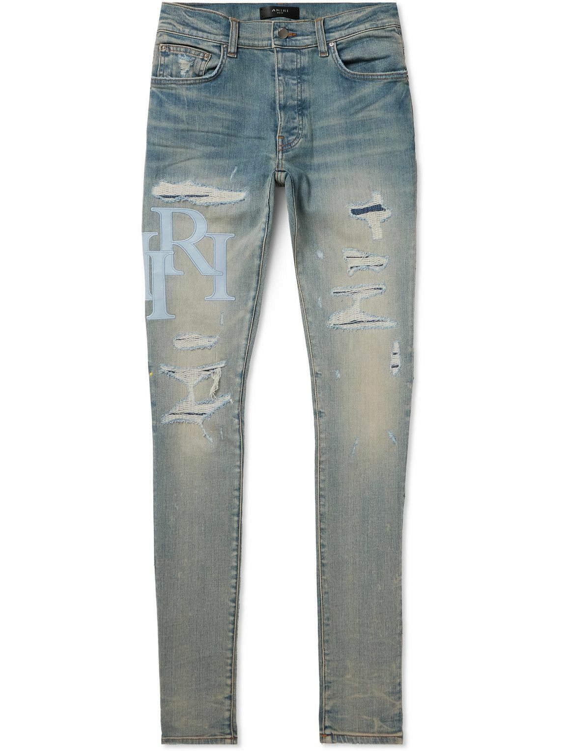 AMIRI - Slim-Fit Straight-Leg Logo-Appliquéd Panelled Distressed Jeans - Blue