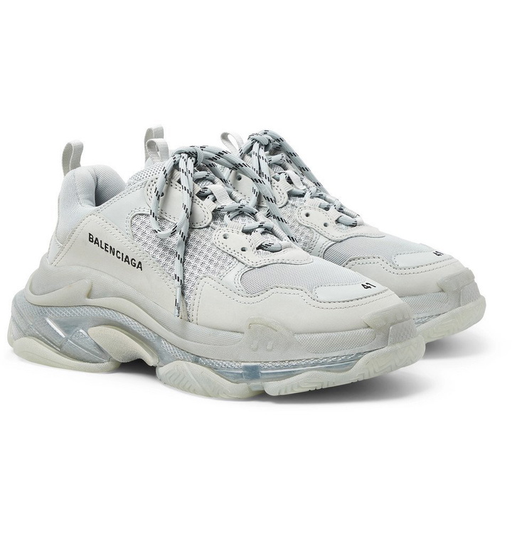 Photo: Balenciaga - Triple S Clear Sole Mesh, Nubuck and Leather Sneakers - Gray