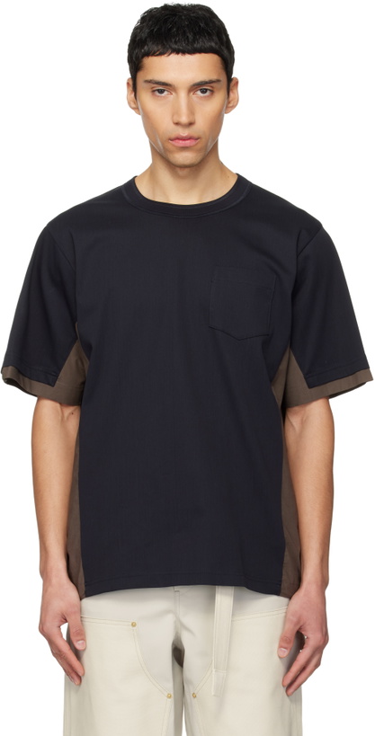 Photo: sacai Navy & Taupe Cotton Typewriter & Cotton Jersey T-shirt