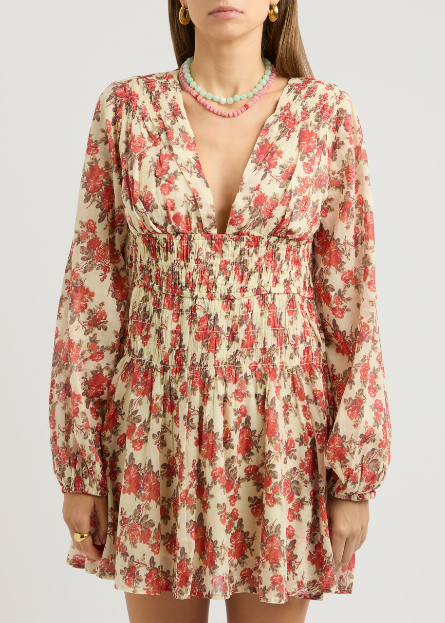 Free People Keep You Floral-print Cotton Mini Dress Red
