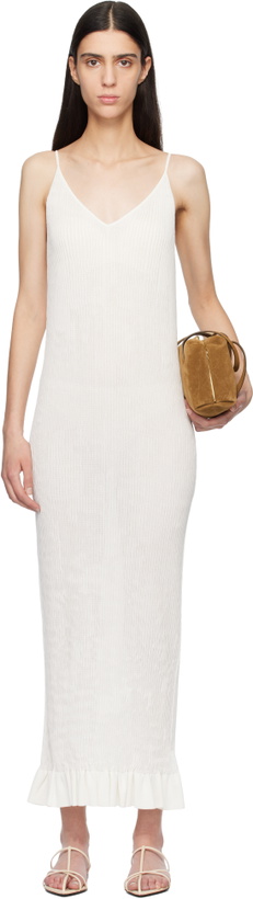 Photo: Jil Sander Off-White Smocked Fine Rib Frill Detail Maxi Dress
