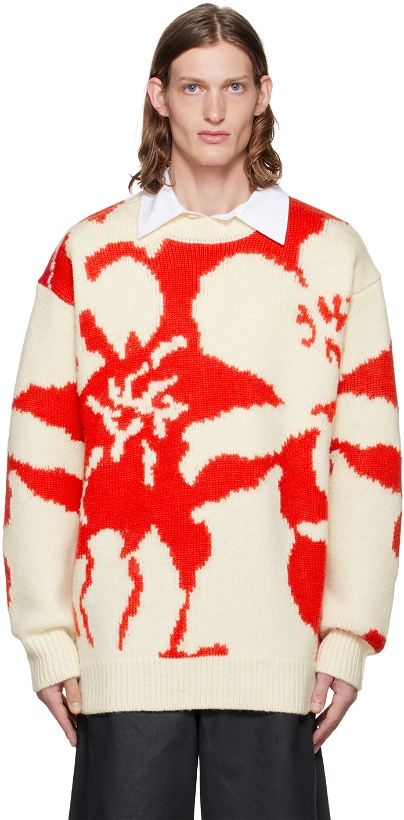Photo: Dries Van Noten Off-White & Red Jacquard Sweater